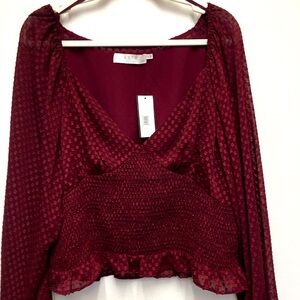 ASTR Sheer Balloon Sleeve Ruffle V- Neck Blouse XL Wine Red Dark Romantic